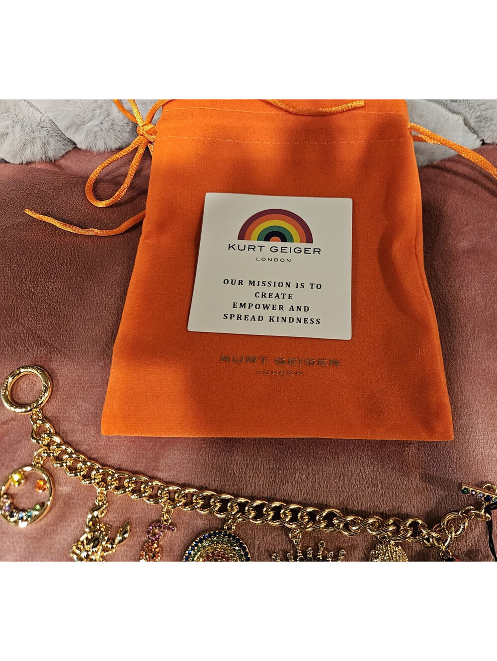 NWT KURT GEIGER LONDON MULTI CHARMS CRYSTAL BRACELET - BE KIND, RAINBOW, LOBSTER - Picture 2 of 7